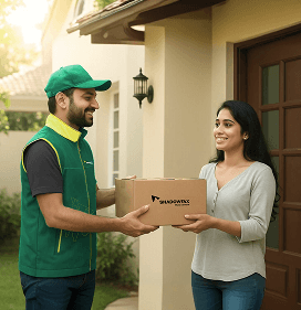 Shadowfax delivery agent delivering a parcel to customer